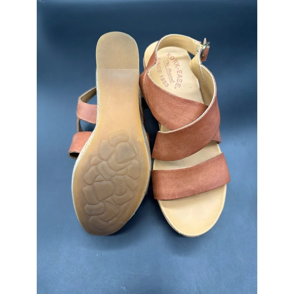 Kork-Ease Tan Brown Leather Crisscross Cork Wedge Sandals K61306 Womens 8M
